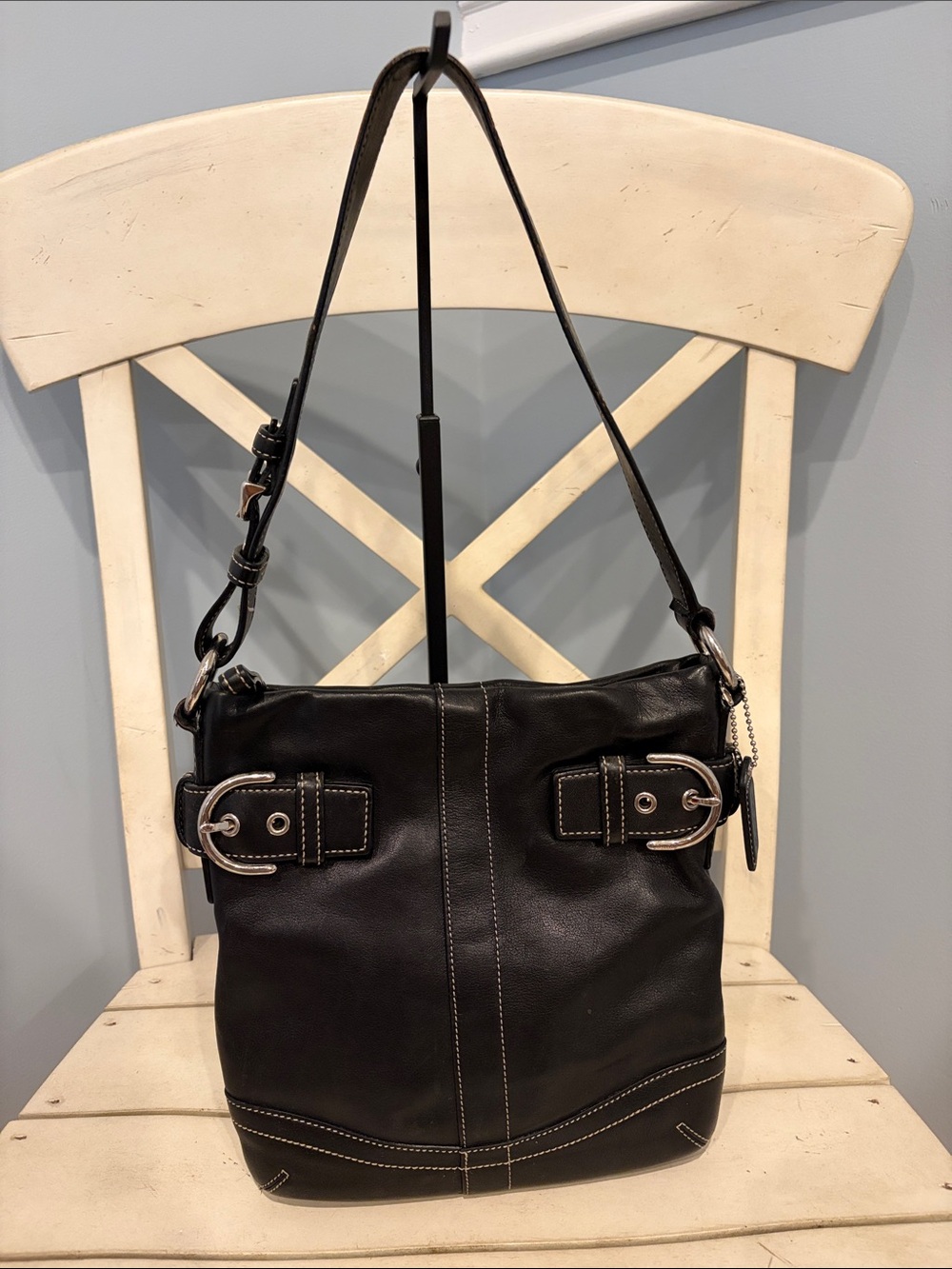 Coach SoHo Slim Duffle Black Leather Shoulder Bag with Silver Hardware 1453